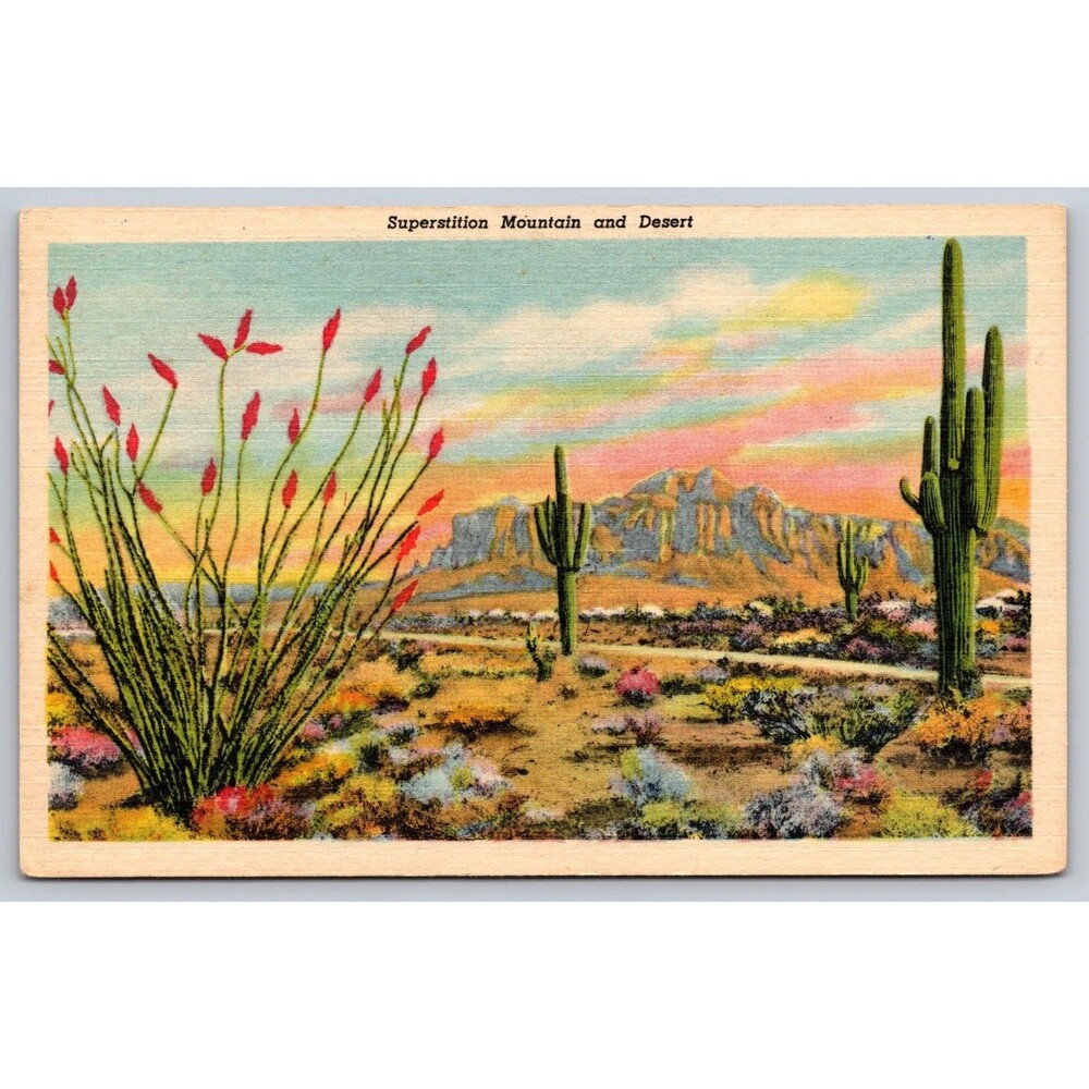 Vtg Linen Postcard Superstition Mountain and Desert Arizona Curt teich 6A-H1030